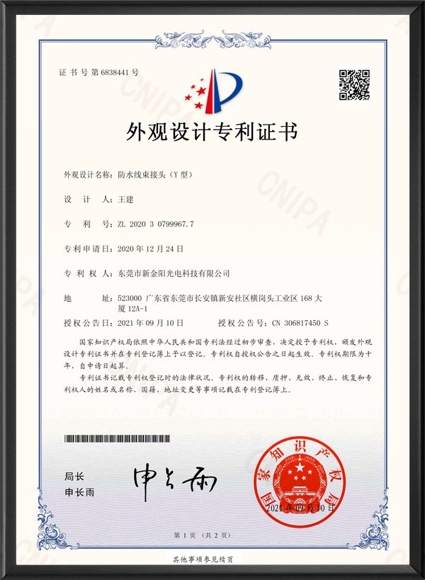 2转1线束外观专利证...